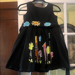 Playful Black Kids Dress with Colorful House Print